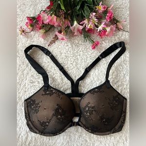 Calvin Klein Lift Push-Up Underwire Bra 34D Front Closure Lace Satin Nude